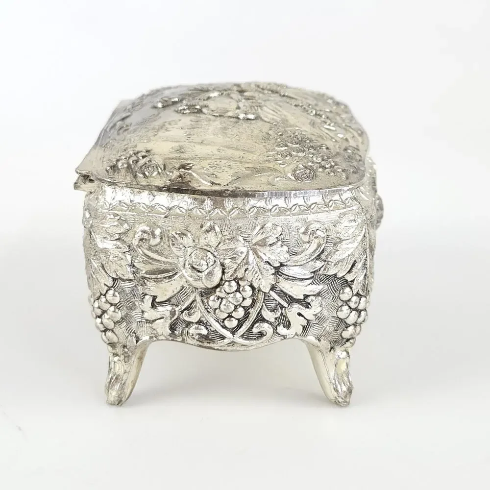 VTG Silver Tone Ornate Footed Jewelry Trinket Box Lined Victorian Cottage 4x2.5